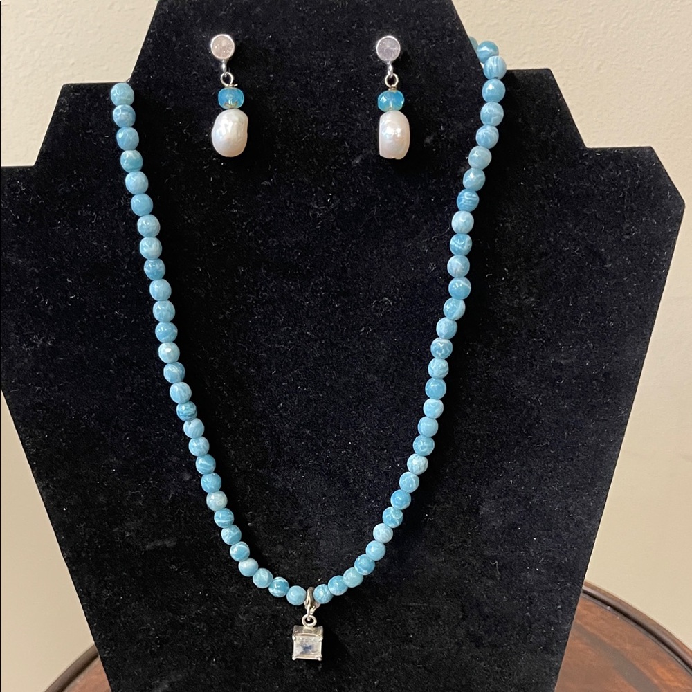 Ski Blue Stone Necklacew/ Moonstone Pendant & Fresh Water Pearl Earrings 16” Lng